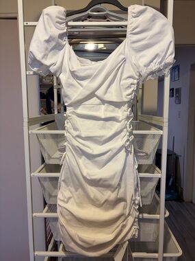 White Puff Sleeve Ruched Mini Dress